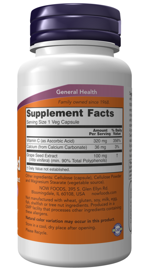 NOW Foods - Ekstrakt z Pestek Winogron, Standaryzowany, 100 mg - 200 kapsułek wegetariańskich - obrazek 2