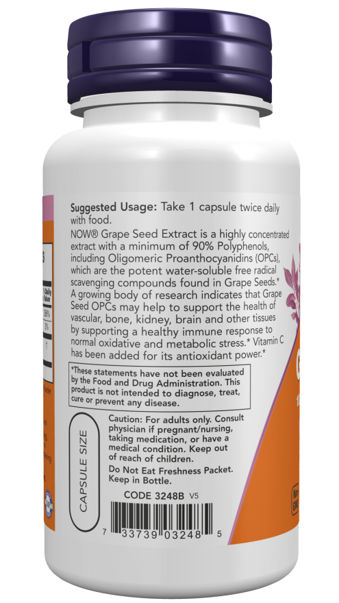 NOW Foods - Ekstrakt z Pestek Winogron, Standaryzowany, 100 mg - 200 kapsułek wegetariańskich - obrazek 3