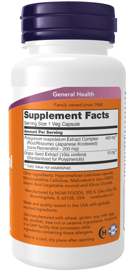 NOW - Naturalny Resweratrol z Ekstraktem Czerwonego Wina, 200 mg - 60 kapsułek vege - obrazek 2