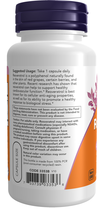 NOW - Naturalny Resweratrol z Ekstraktem Czerwonego Wina, 200 mg - 60 kapsułek vege - obrazek 3