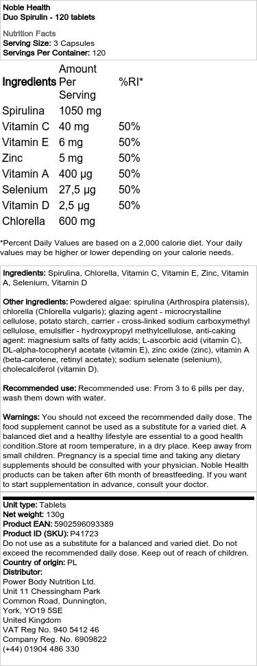 Noble Health - Duo Spirulin - 120 tabletter - obrazek 2